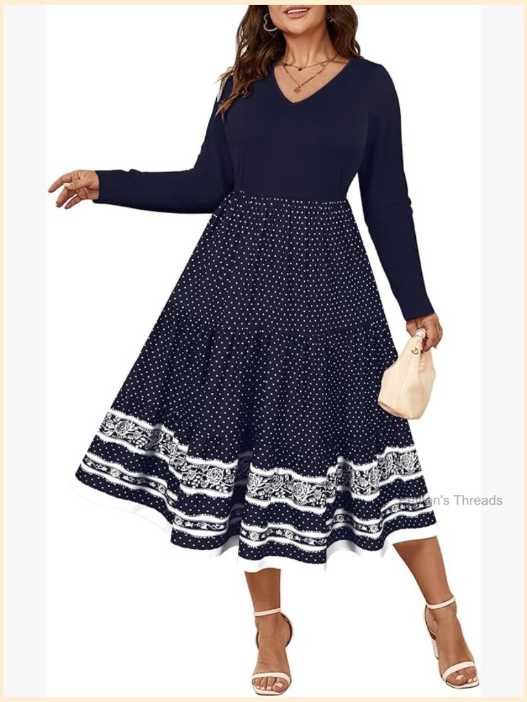 Plus Size V-Neck Long Sleeve Patchwork Swing Dress With Pockets